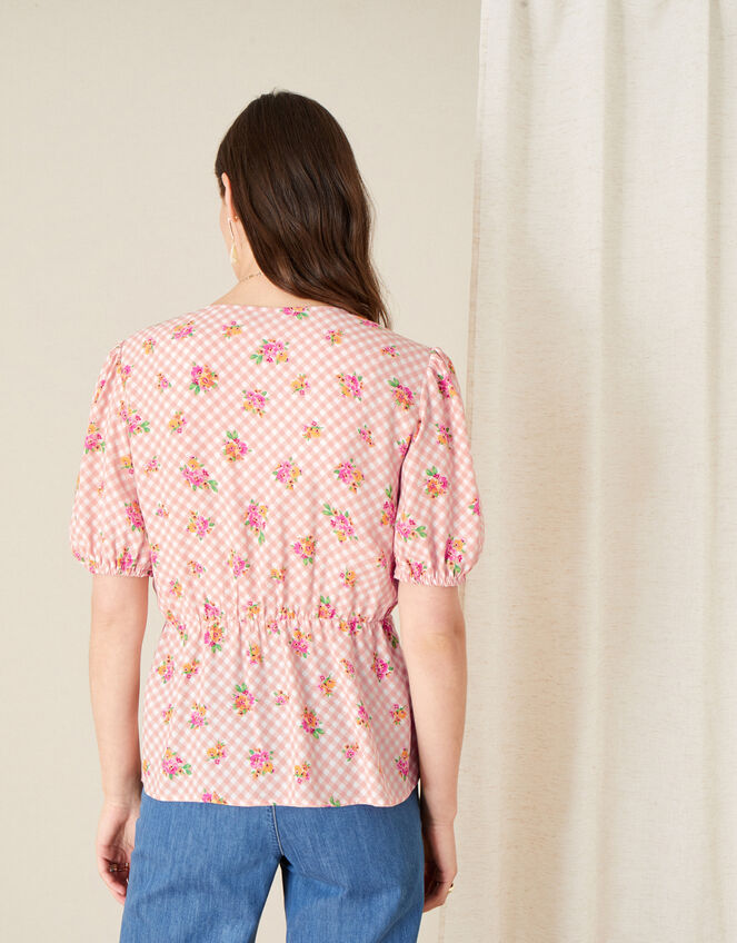 Gabriella Gingham Floral Wrap Top, Pink (PINK), large