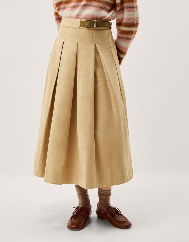 Poppy Buckle Pleated Midi Skirt, Natural (STONE), large