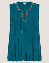 Sophia Embellished Pleat Tank Top, Teal (TEAL), large