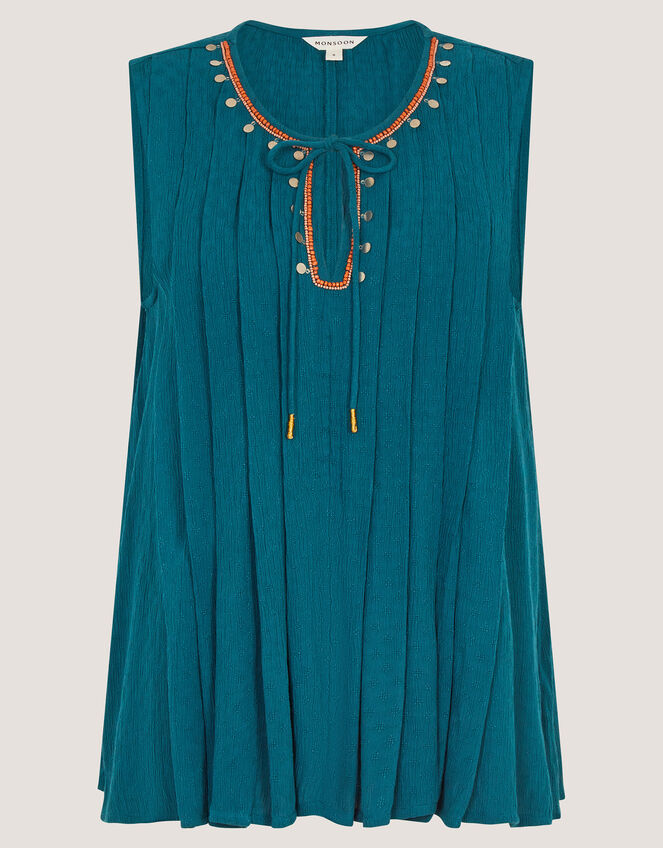Sophia Embellished Pleat Tank Top, Teal (TEAL), large