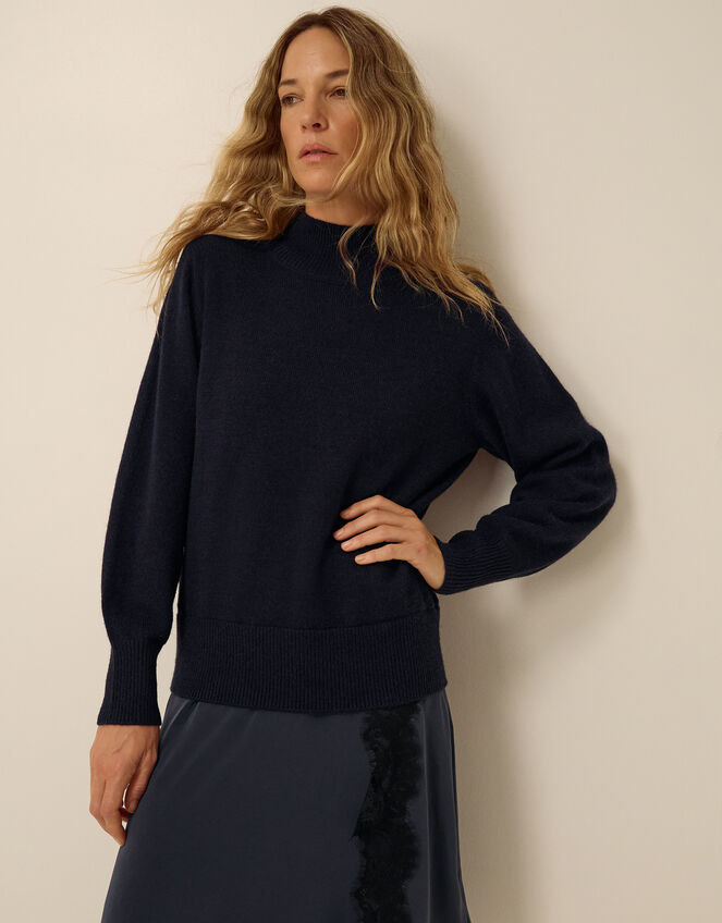 Suzy Knitted Lace Satin Midi Dress, Blue (NAVY), large