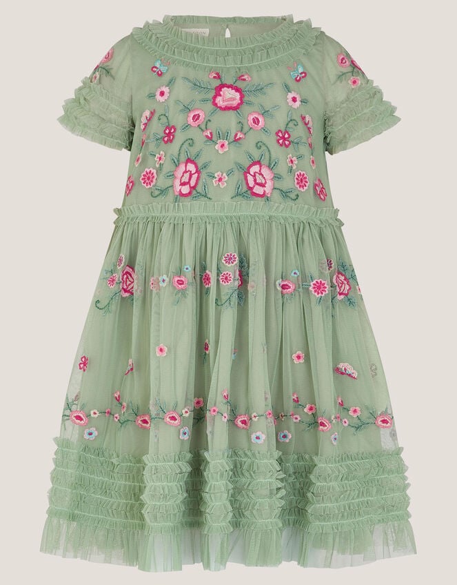 Floral Embroidered Ruffle Tulle Dress, Green (GREEN), large