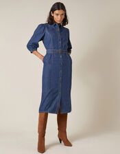 Belted Denim Midi Dress in Organic Cotton, Blue (DENIM BLUE), large