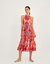 Ikat Paisley Print Halter Midi Dress in LENZING™ ECOVERO™ , Pink (PINK), large