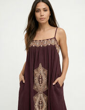 Raffya Sapphire Strappy Embroidered Maxi Dress, Brown (BROWN), large