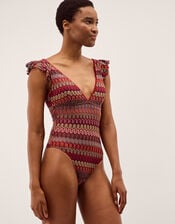 Zaria Plunge Crochet Ruffle Swimsuit, Red (BURGUNDY), large