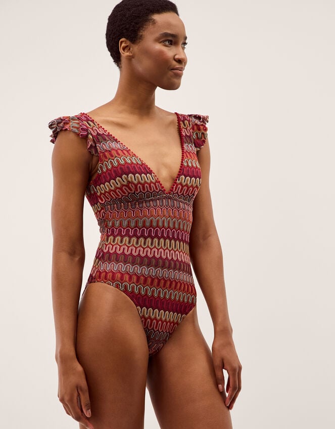 Zaria Plunge Crochet Ruffle Swimsuit, Red (BURGUNDY), large