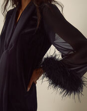 Sadie V-Neck Feather Sleeve Velvet Mini Dress, Black (BLACK), large
