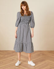 Smocked Check Dress, Black (BLACK), large