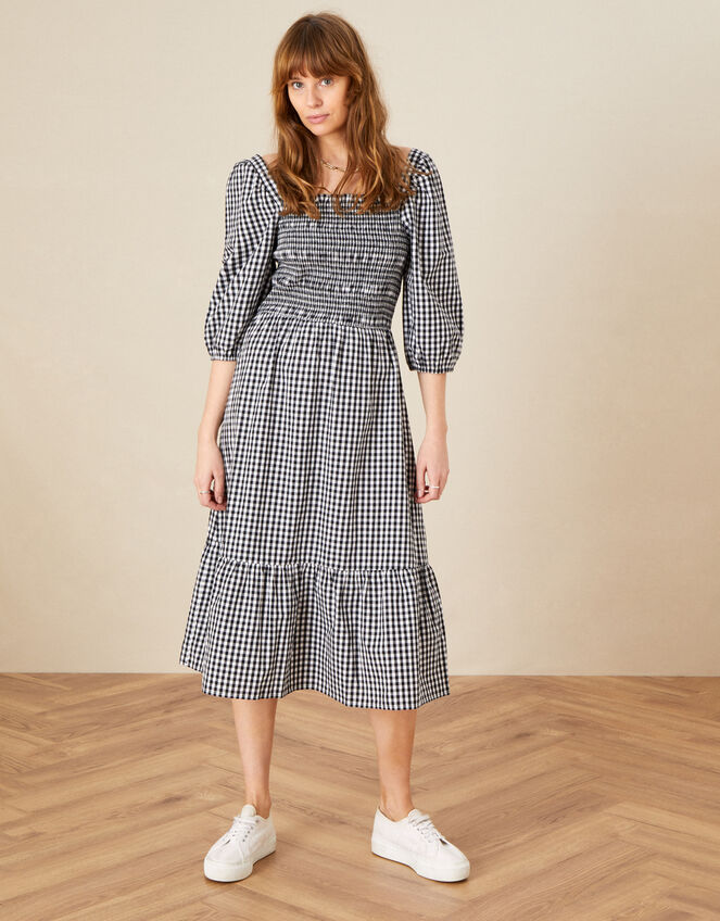 Smocked Check Dress, Black (BLACK), large