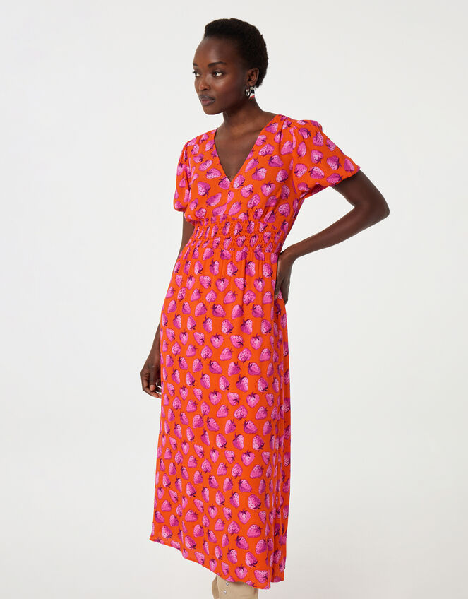 Fabienne Chapot Bonna Strawberry Print Midi Dress, Orange (ORANGE), large
