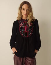 Agnes Long Sleeve Floral Embroidered Velvet Top, Black (BLACK), large