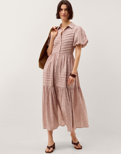 Winnie Puff Sleeve Stripe Midi Dress, Brown (CHOCOLATE), large