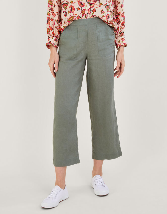 Pull-On Trousers in Linen Blend, Green (KHAKI), large