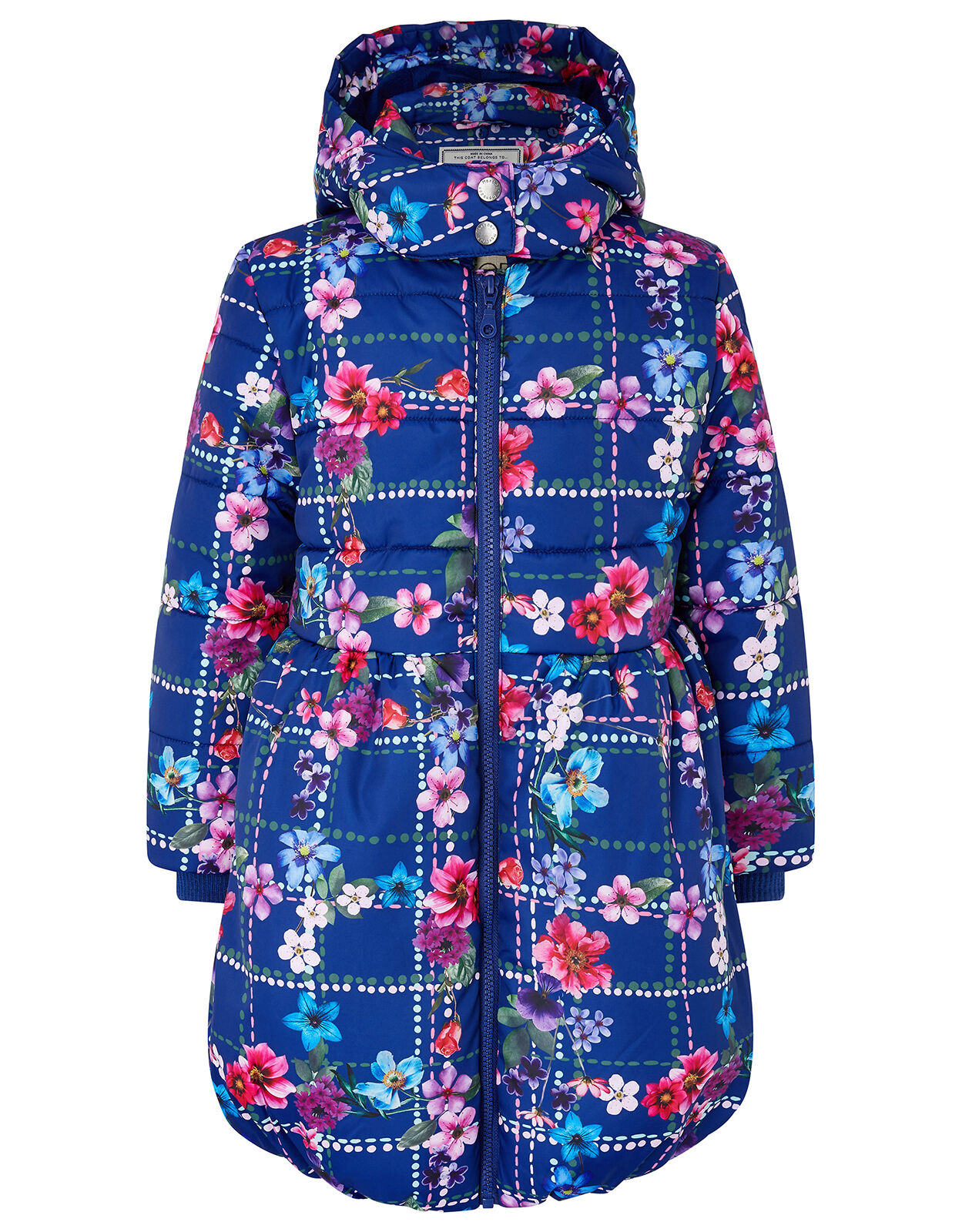 Floral Check Padded Coat in Recycled Fabric Blue