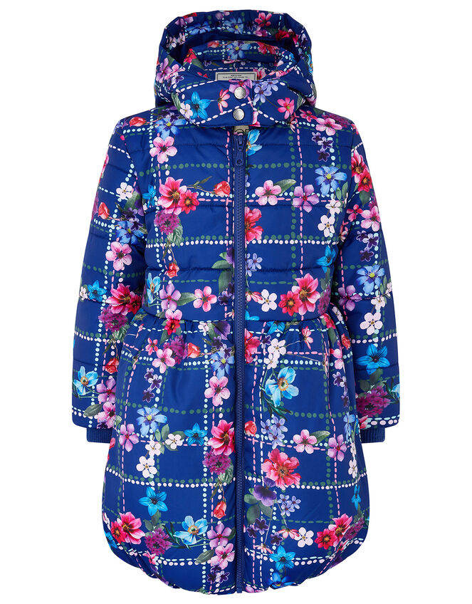 Floral Check Padded Coat in Recycled Fabric, Blue (NAVY), large