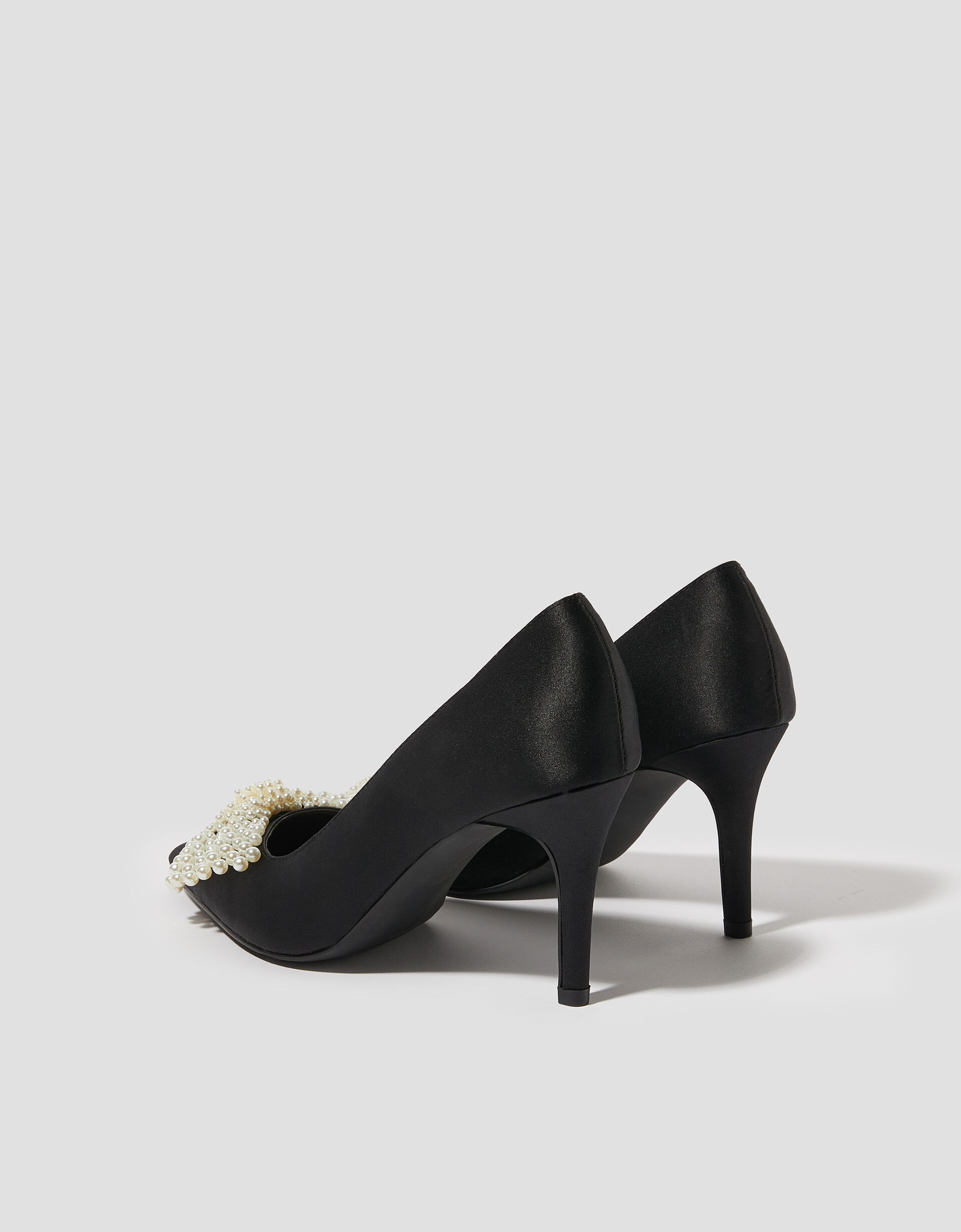 Pearl Bow Satin Court Shoes Black