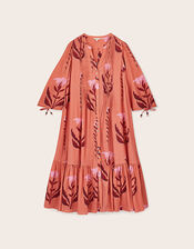 East Maisie Botanical Print Cotton Seersucker Dress, Orange (ORANGE), large
