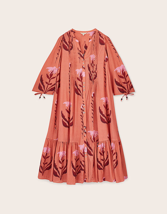 East Maisie Botanical Print Cotton Seersucker Dress, Orange (ORANGE), large
