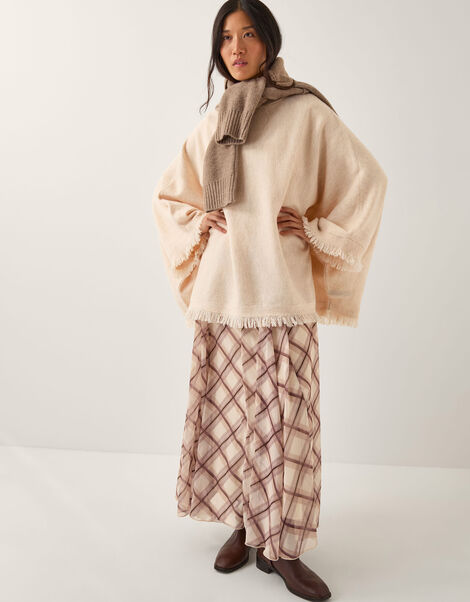 Fay Fringe Trim Poncho , Natural (NATURAL), large