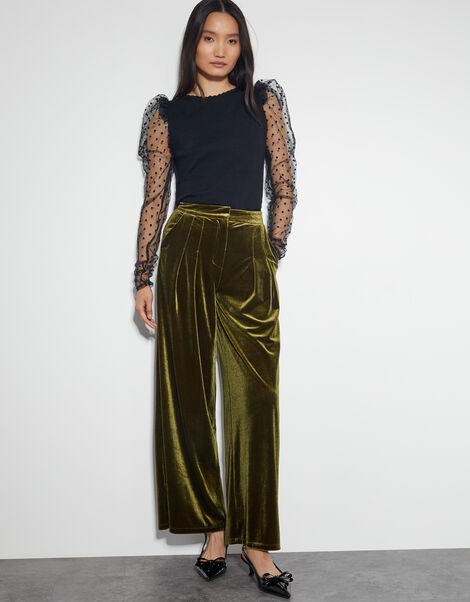 Valery Wide Leg Velvet Trousers, Green (OLIVE), large