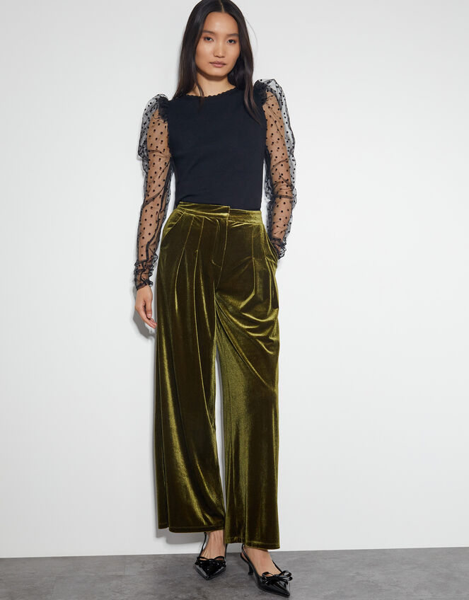 Valery Wide Leg Velvet Trousers, Green (OLIVE), large