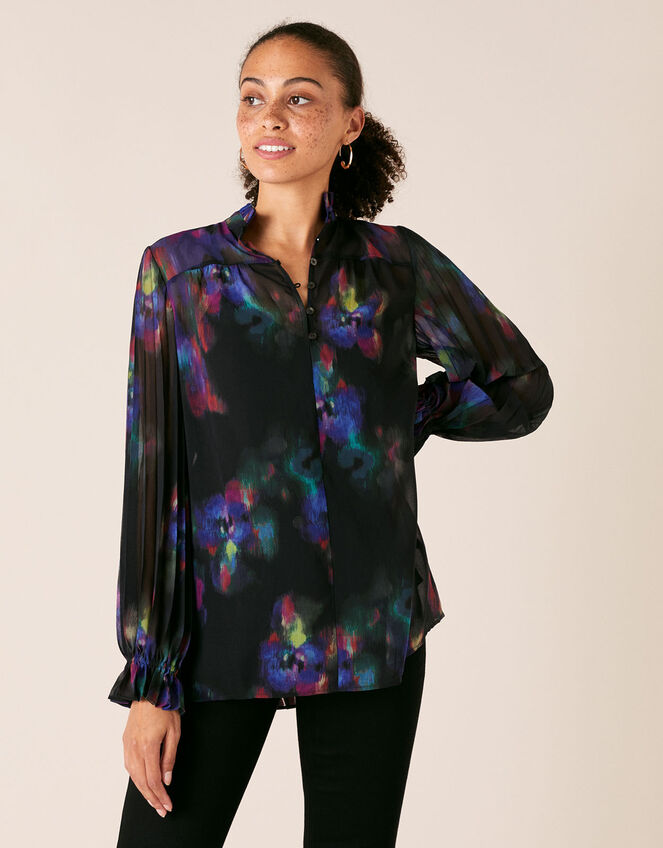 Blur Print Pleated Sleeve Blouse, Black (BLACK), large