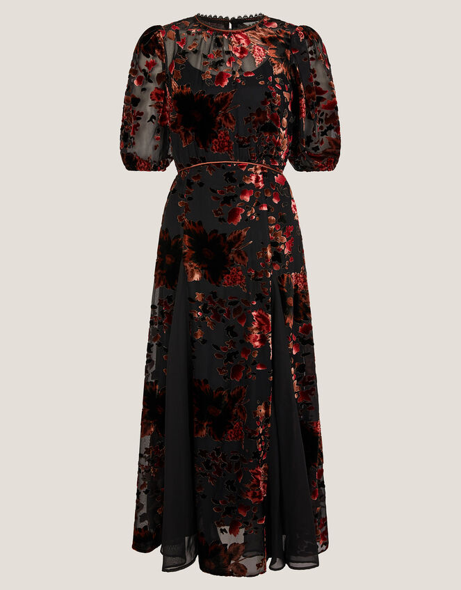 Carolyn Floral Devor&eacute; Midi Dress, Black (BLACK), large