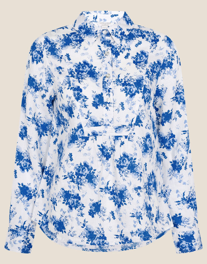 Floral Print Linen Shirt, Blue (BLUE), large