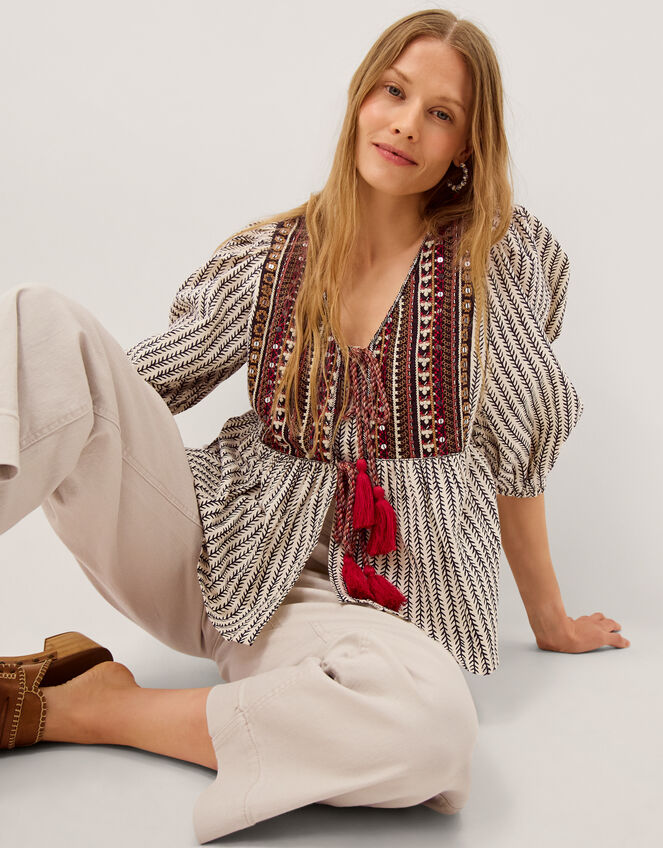 Laila Embellished Print Blouse, Ivory (IVORY), large