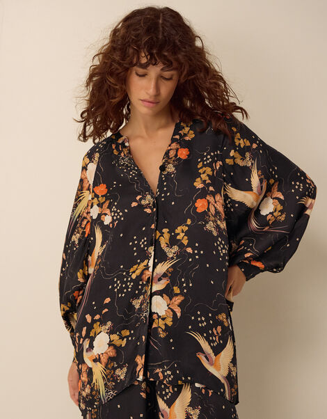 Clemence Seraphine Floral Print Satin Blouson Blouse, Black (BLACK), large