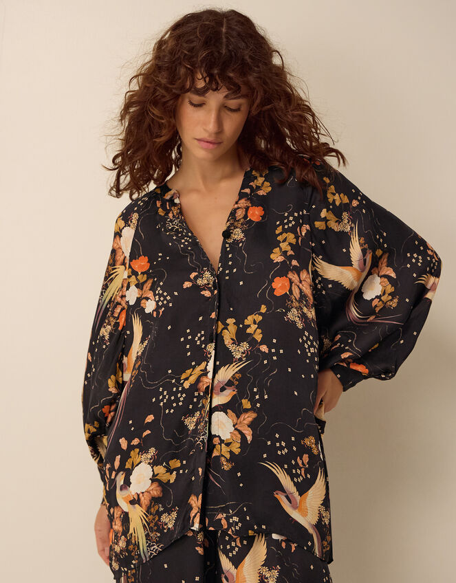 Clemence Seraphine Floral Print Satin Blouson Blouse, Black (BLACK), large