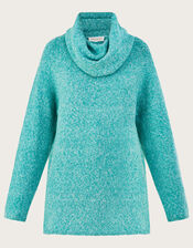Cowl Neck Longline Jumper with Recycled Polyester , Green (GREEN), large