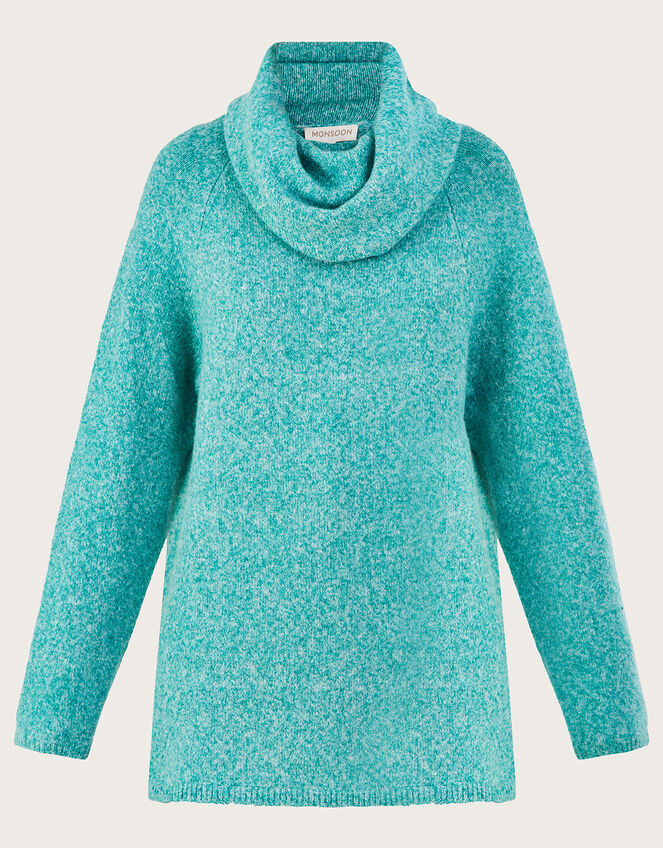 Cowl Neck Longline Jumper with Recycled Polyester , Green (GREEN), large