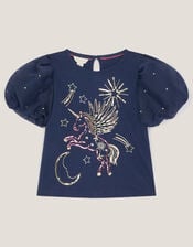 Unicorn Embellished Puff Sleeve T-Shirt, Blue (NAVY), large