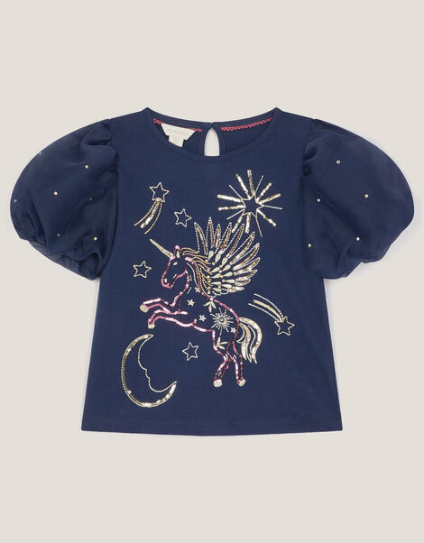 Unicorn Embellished Puff Sleeve T-Shirt, Blue (NAVY), large
