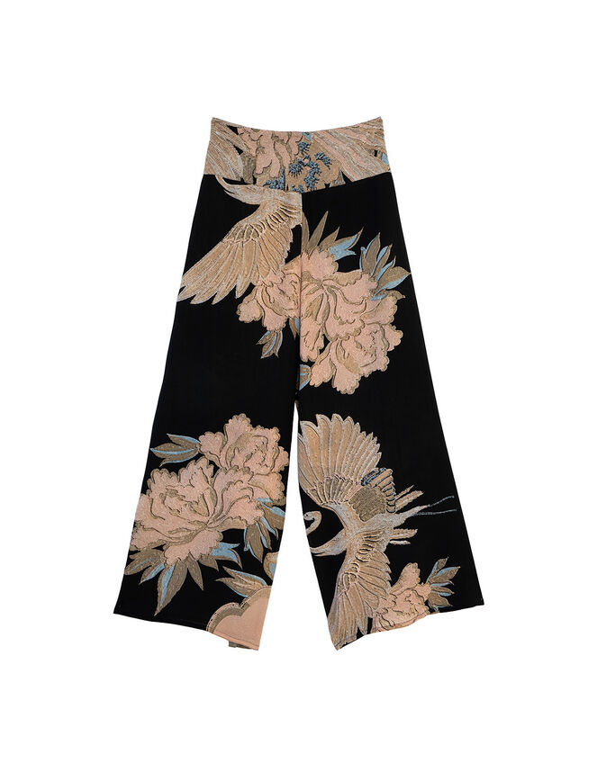 One Hundred Stars Crane Print Wide Leg Trousers, Black (BLACK), large