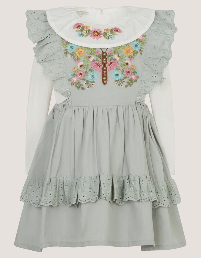 Baby Butterfly Embroidered Pinafore Dress & Top Set, Green (GREEN), large