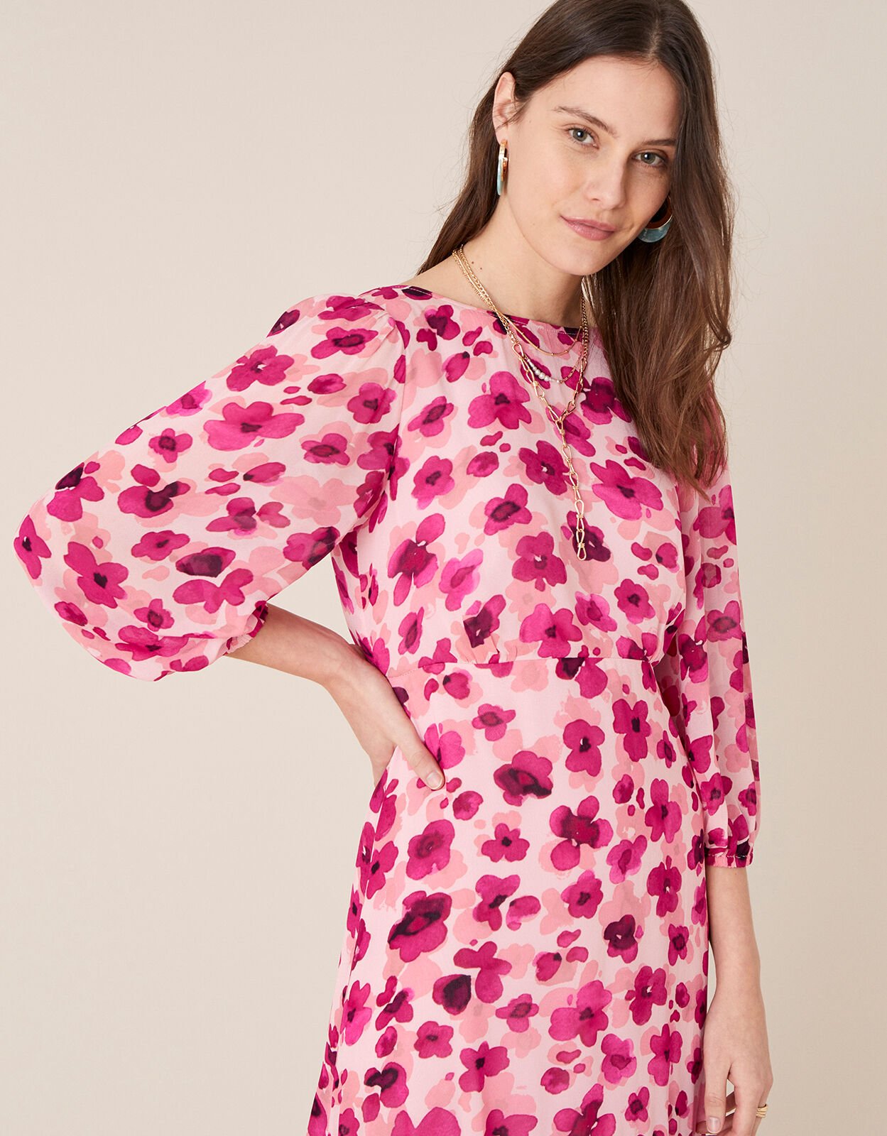 Pompea Poppy Print Midi Dress Pink