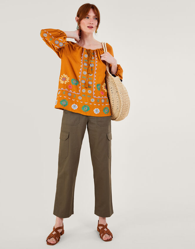 Embroidered Flower Tunic Top in Linen Blend, Yellow (YELLOW), large