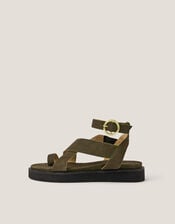 Ivy Toe Strap Crossover Suede Sandals, Green (KHAKI), large