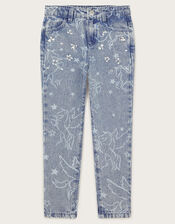 Rhinestone Unicorn Straight Jeans, Blue (BLUE), large