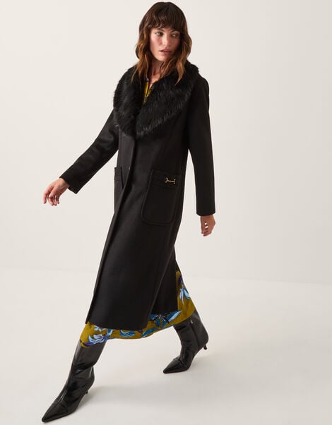 Fearne Faux Fur Collar Long Coat, Black (BLACK), large