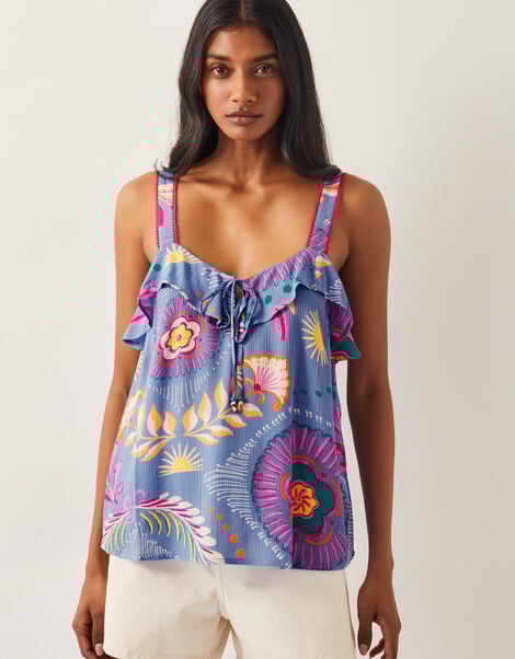 Monika Frill Floral Print Cami Top, Blue (BLUE), large