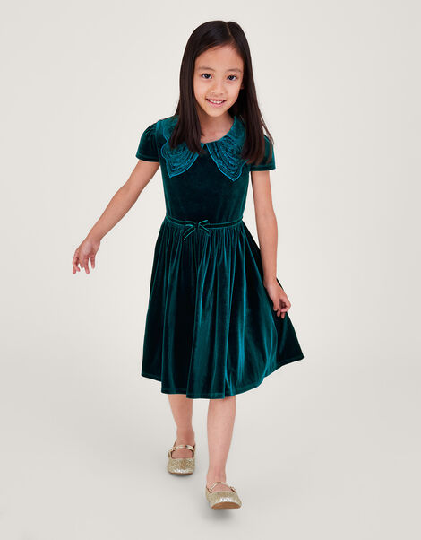 Velvet Butterfly Collar Dress, Green (GREEN), large