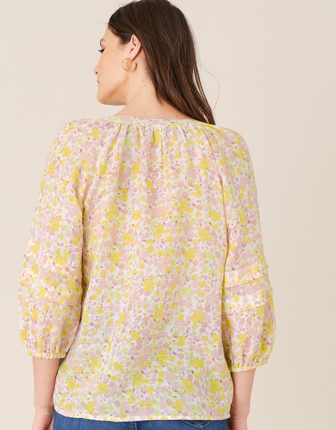 Printed Long Sleeve Top in Linen Gauze, Ivory (IVORY), large