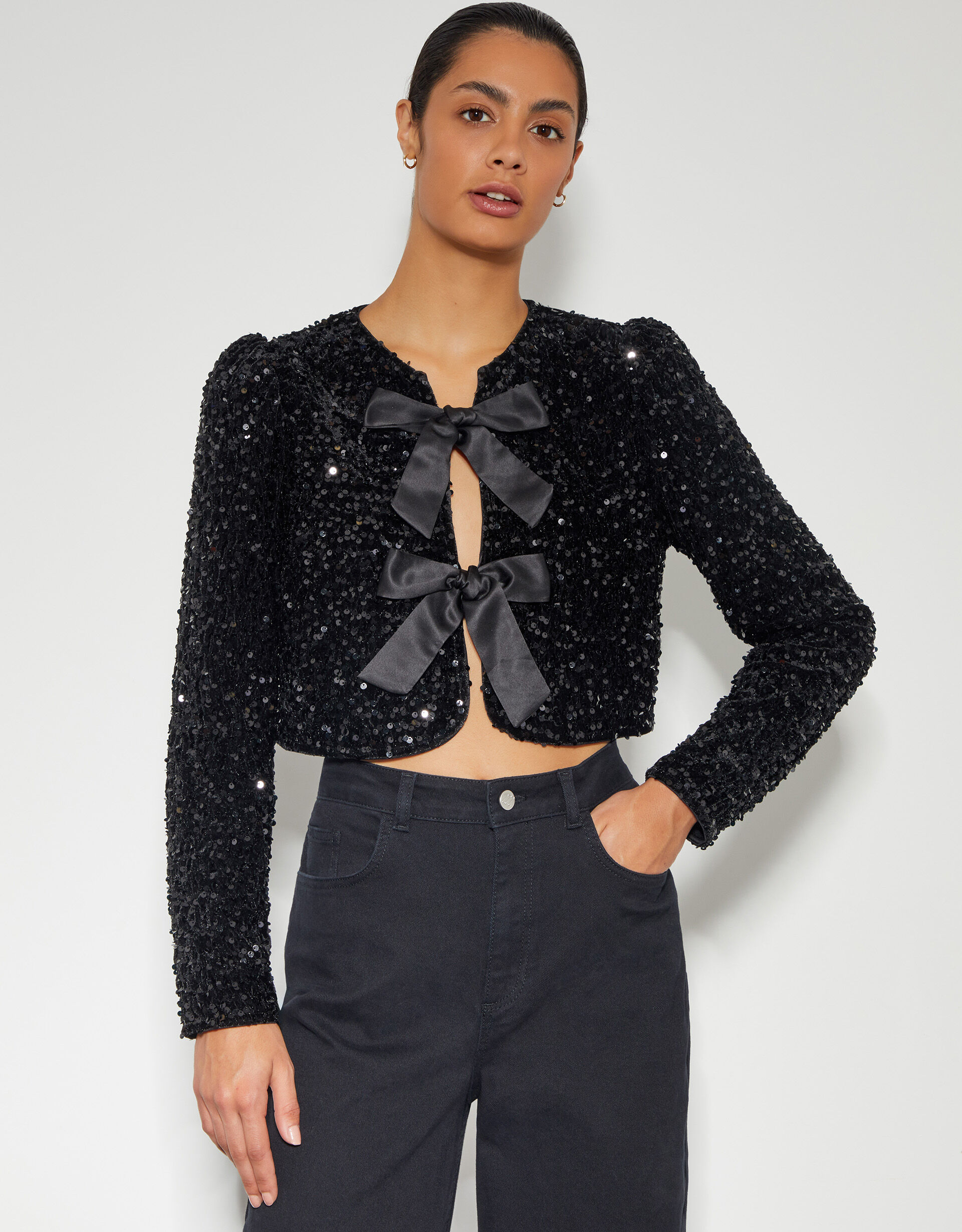 Belinda Bow Sequin Jacket Black Jackets Monsoon US