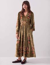East Sophia Floral Embroidered Velvet Midi Dress, Green (GREEN), large