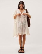 Astrid Tassel Embellished Mini Kaftan, White (WHITE), large