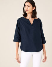 Daisy Plain T-Shirt in Pure Linen, Blue (NAVY), large